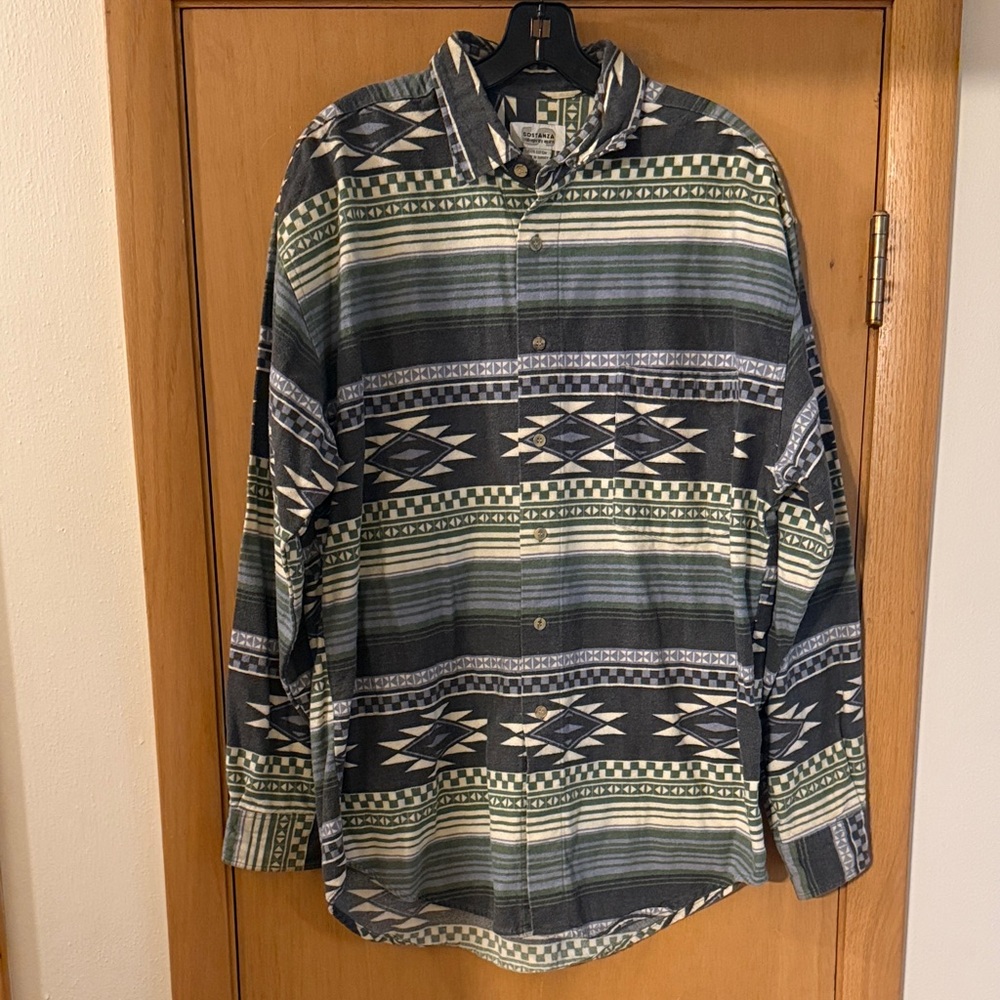 Sostanza Men’s Vintage Southwestern Aztec Button Down Shirt Blue Green Medium